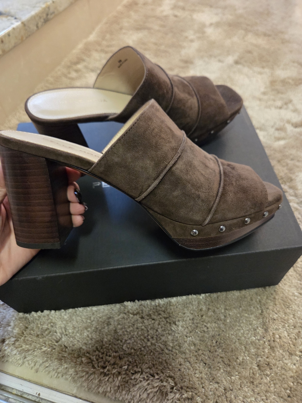 Pelle Moda Brown Suede Studded Wooden Block Heel Mules